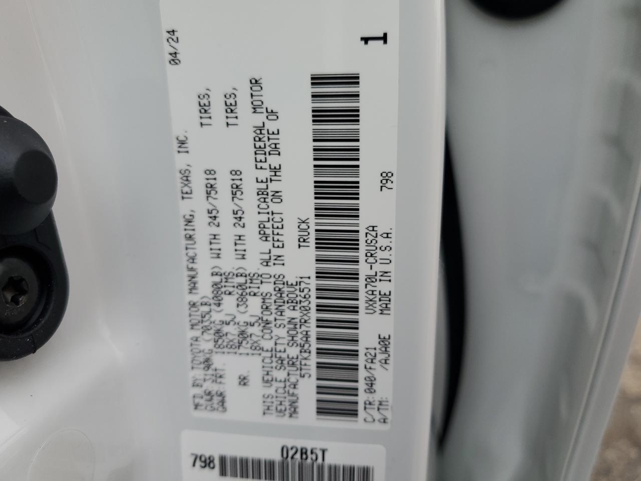 2024 TOYOTA TUNDRA DOUBLE CAB SR VIN:5TFKB5AA7RX036571