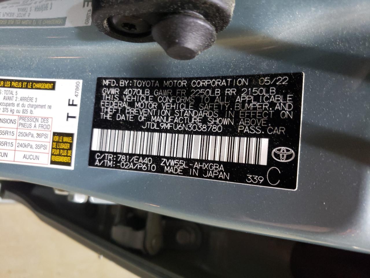 2022 TOYOTA PRIUS LE VIN:JTDL9MFU6N3038780