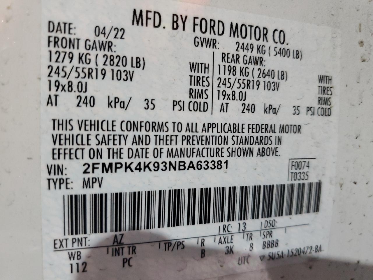 2022 FORD EDGE TITANIUM VIN:2FMPK4K93NBA63381