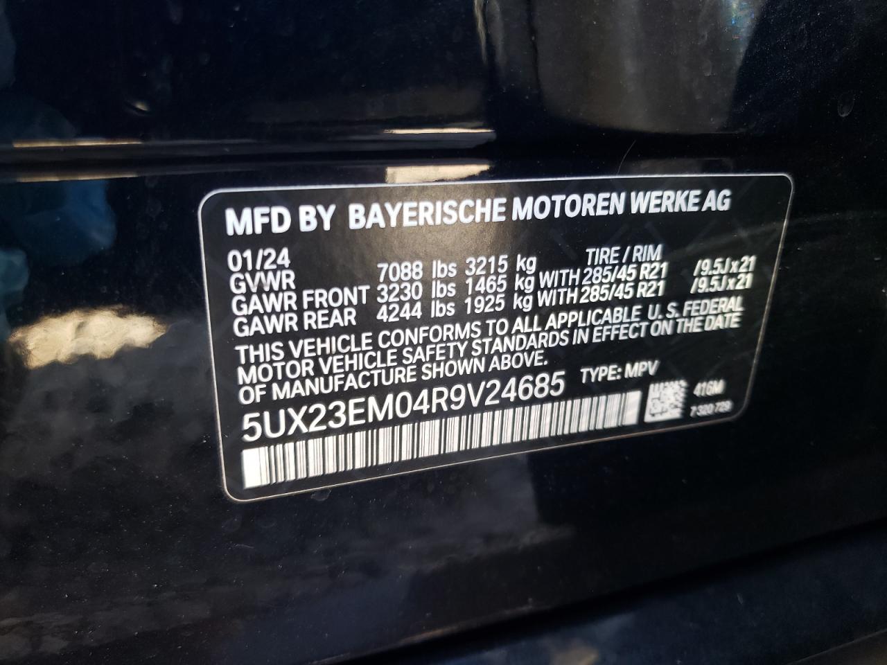 2024 BMW X7 XDRIVE40I VIN:5UX23EM04R9V24685