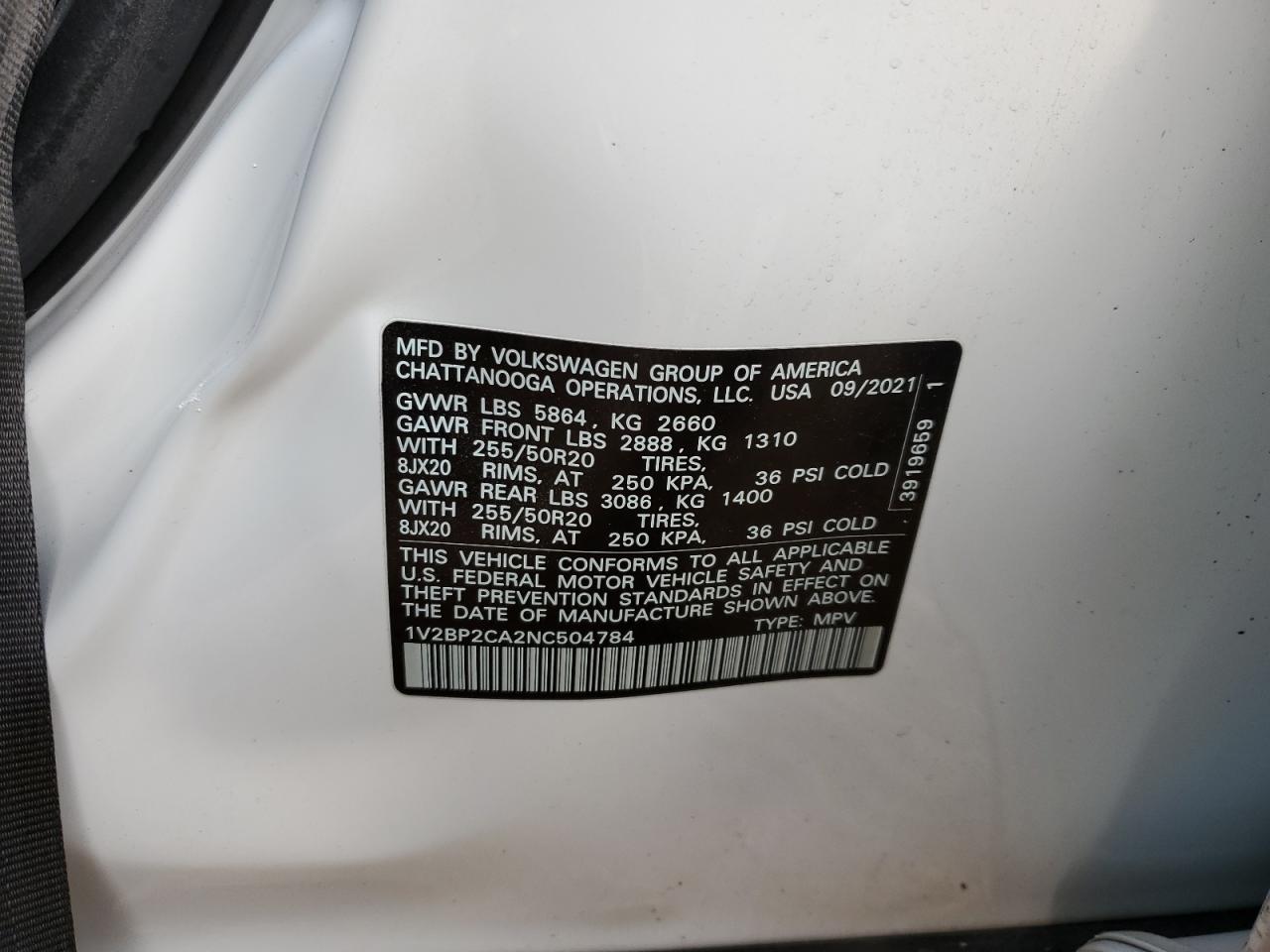 2022 VOLKSWAGEN ATLAS SEL VIN:1V2BP2CA2NC504784
