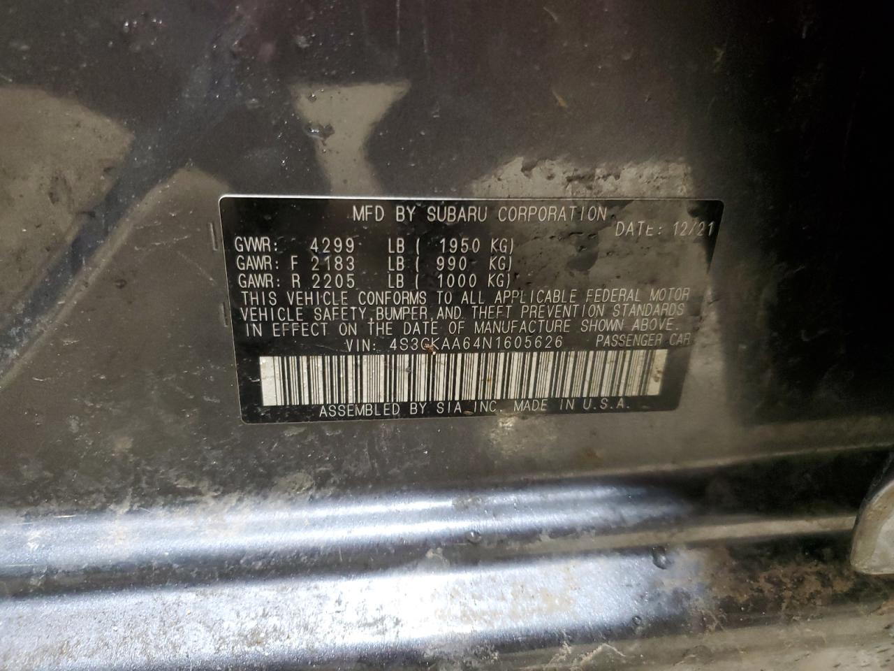 2022 SUBARU IMPREZA  VIN:4S3GKAA64N1605626