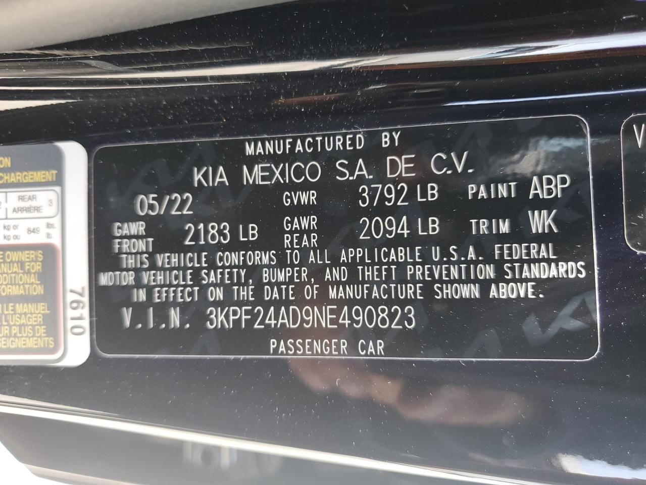 2022 KIA FORTE FE VIN:3KPF24AD9NE490823