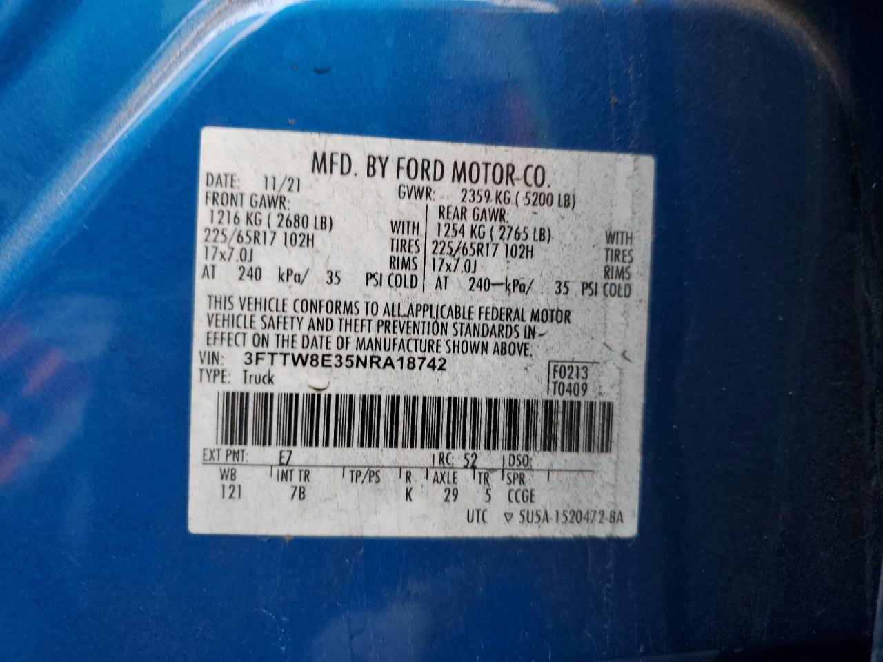 2022 FORD MAVERICK XL VIN:3FTTW8E35NRA18742