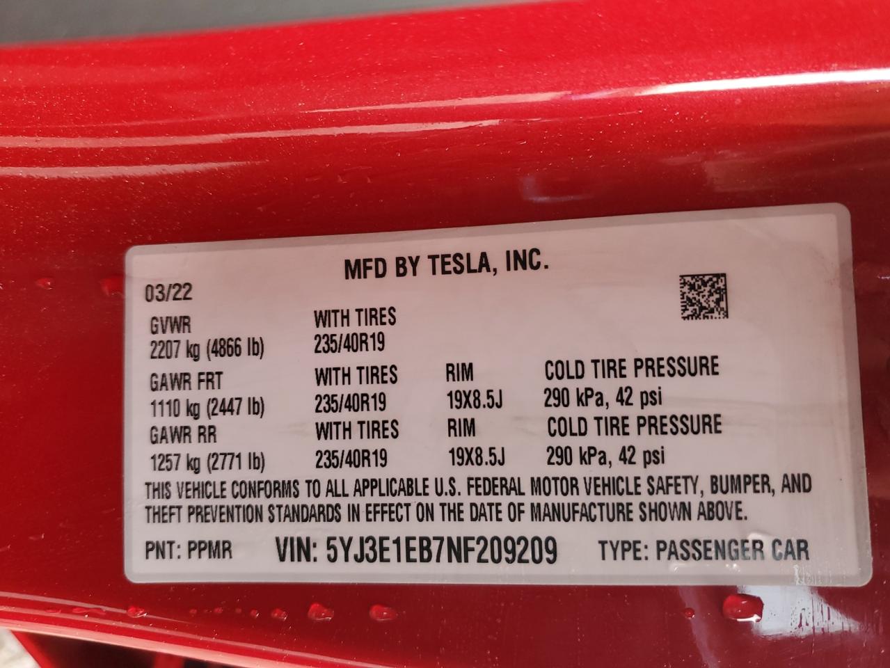 2022 TESLA MODEL 3  VIN:5YJ3E1EB7NF209209