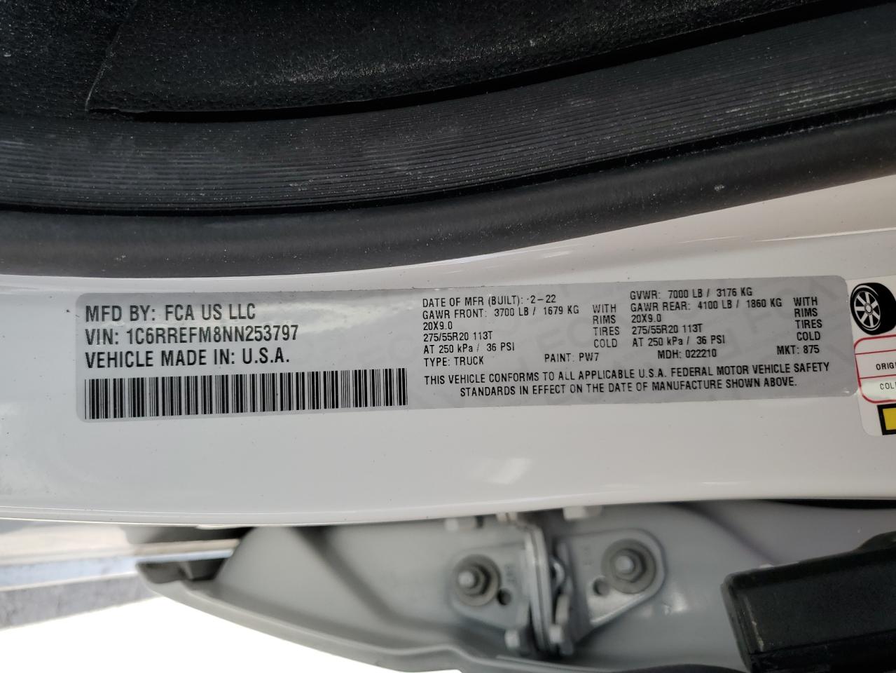 2022 RAM 1500 BIG HORN/LONE STAR VIN:1C6RREFM8NN253797