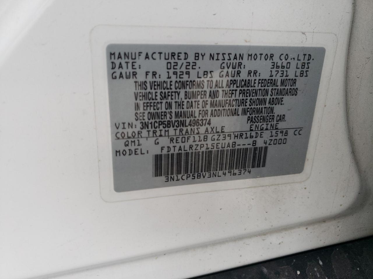 2022 NISSAN KICKS S VIN:3N1CP5BV3NL496374