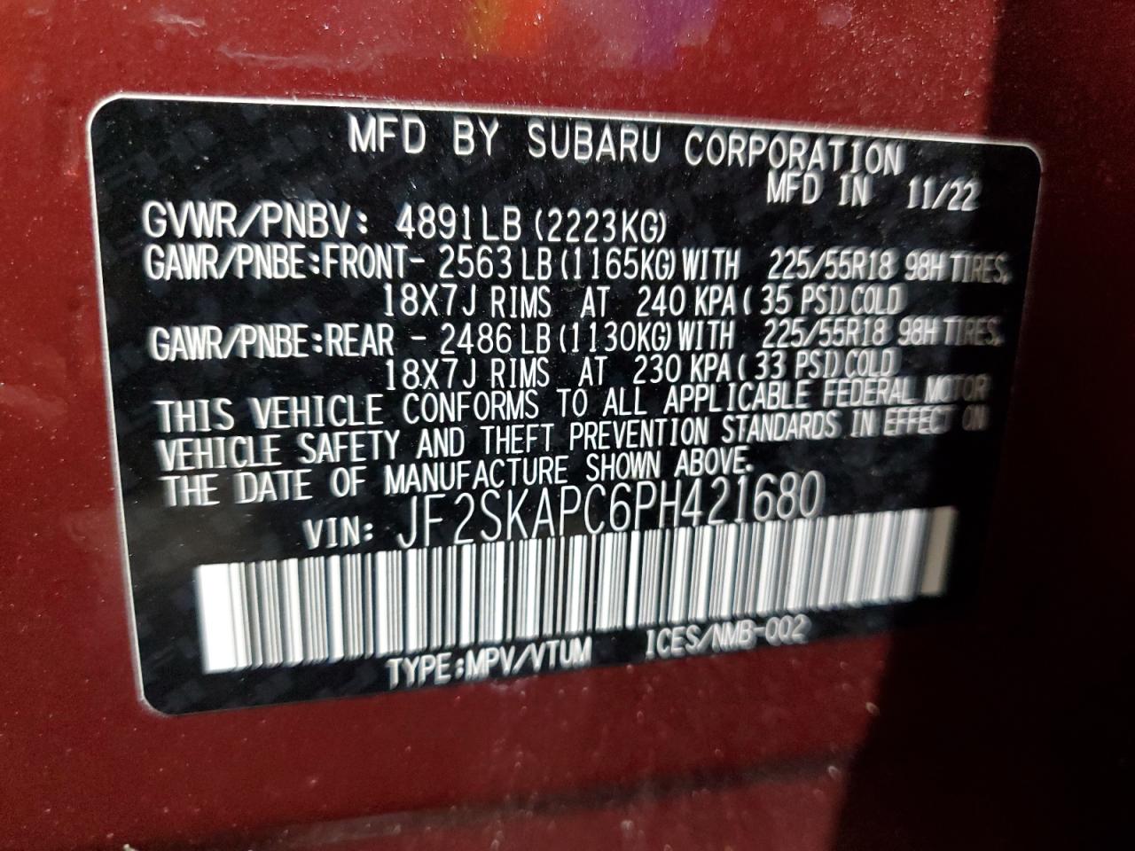 2023 SUBARU FORESTER LIMITED VIN:JF2SKAPC6PH421680