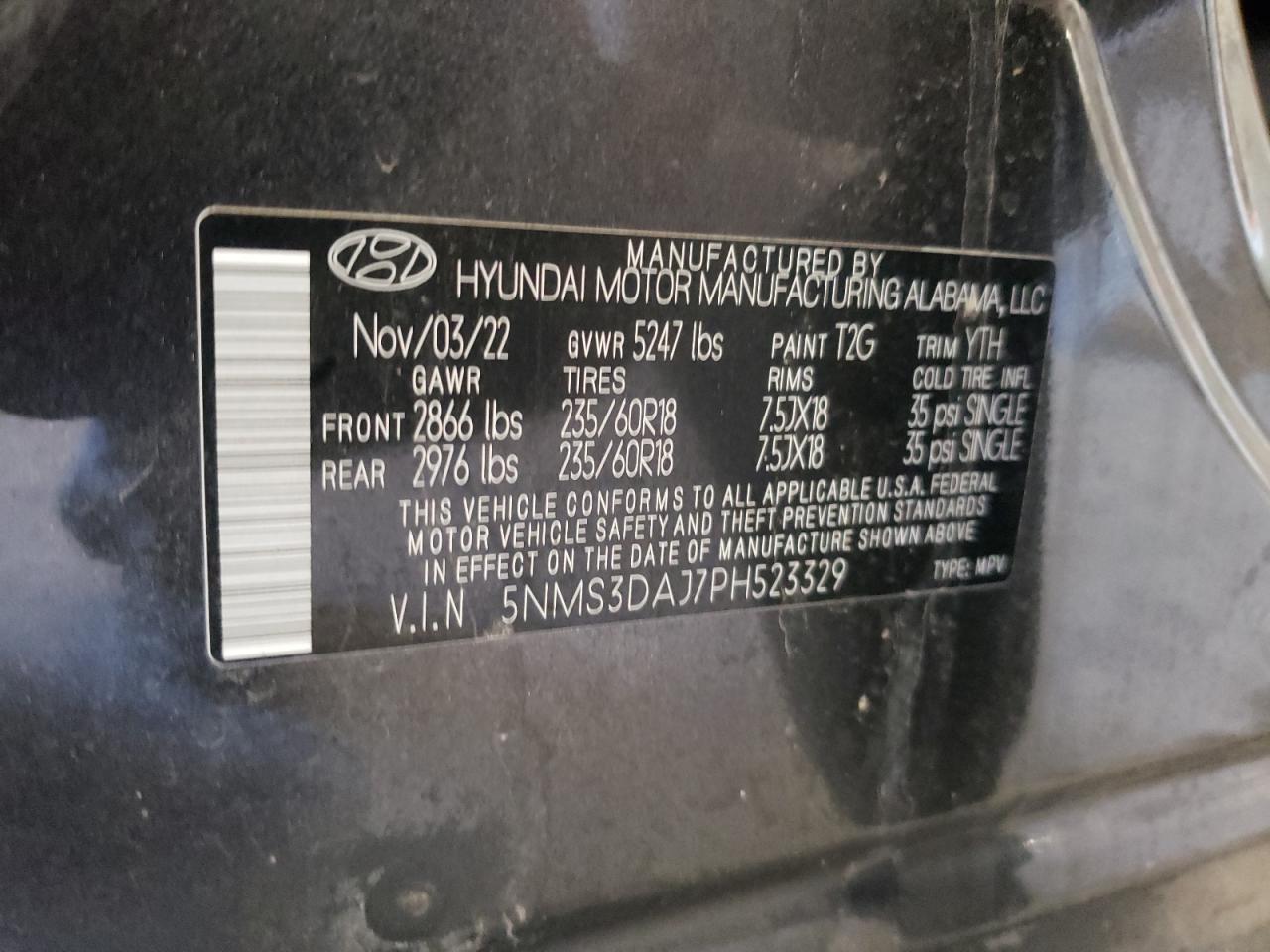 2023 HYUNDAI SANTA FE SEL PREMIUM VIN:5NMS3DAJ7PH523329