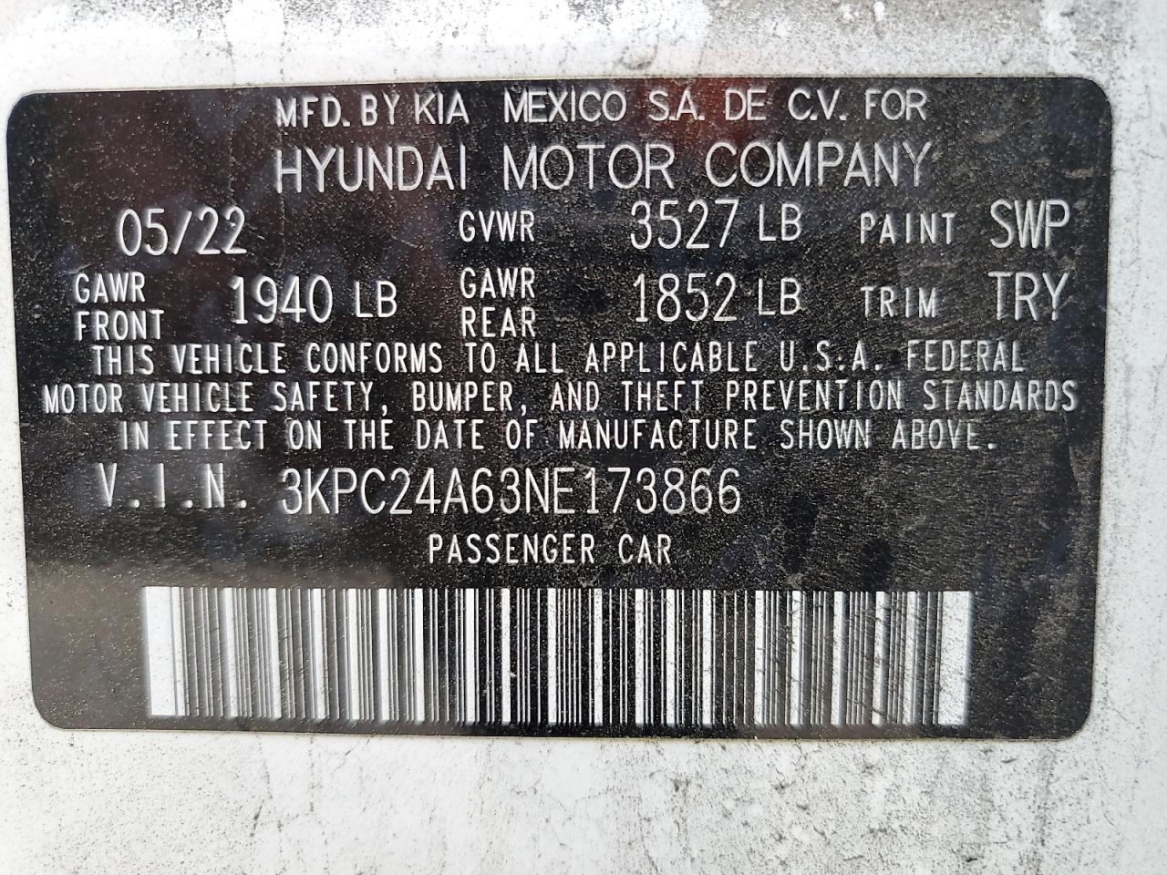 2022 HYUNDAI ACCENT SE VIN:3KPC24A63NE173866