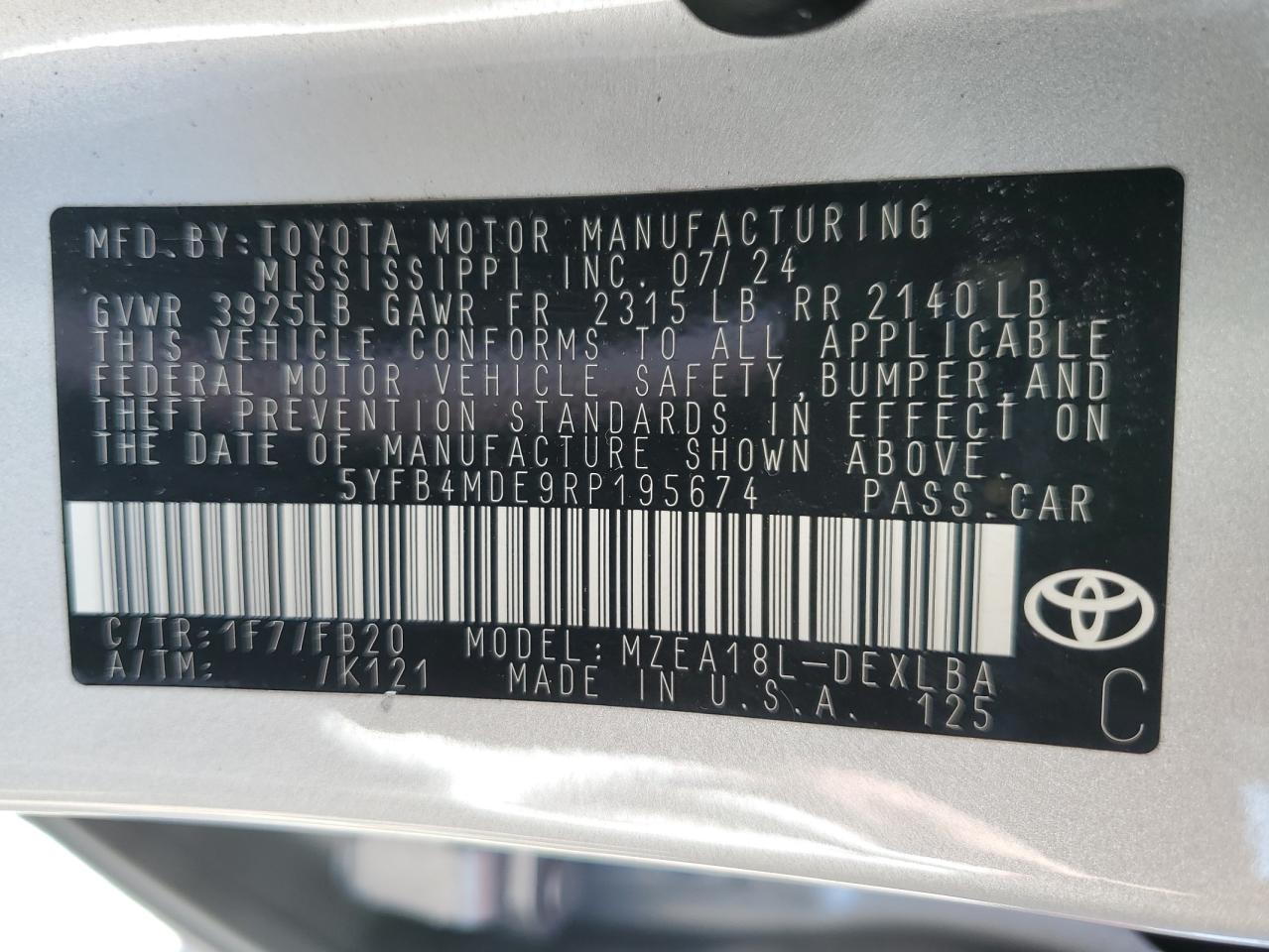 2024 TOYOTA COROLLA LE VIN:5YFB4MDE9RP195674