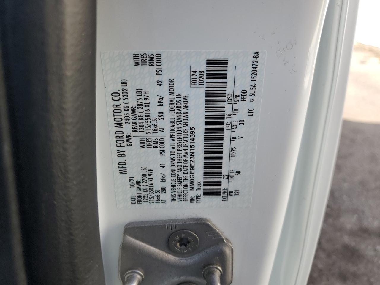 2022 FORD TRANSIT CONNECT XL VIN:NM0GE9E23N1514695