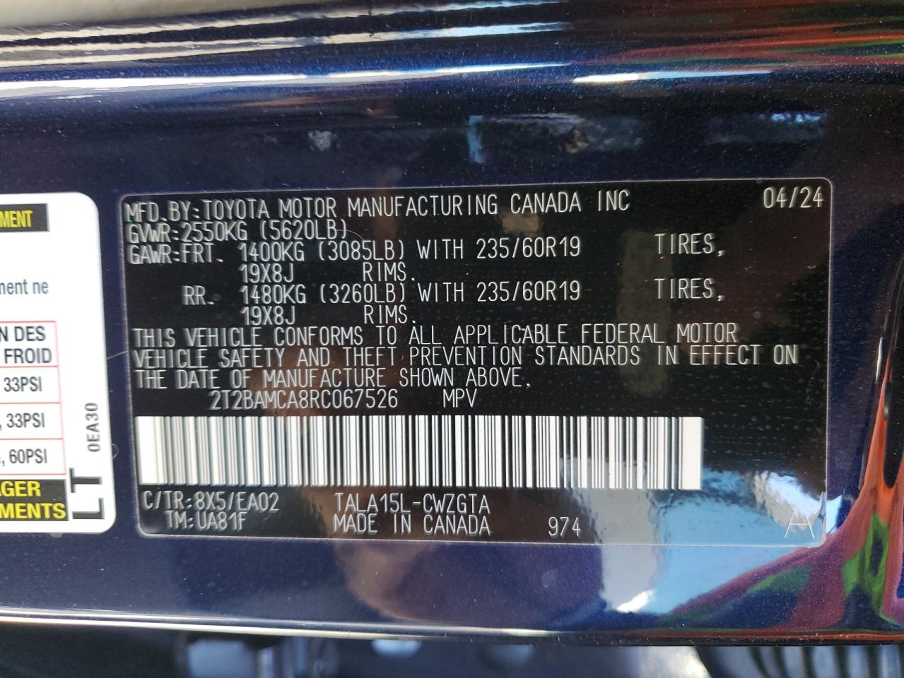 2024 LEXUS RX 350 BASE VIN:2T2BAMCA8RC067526