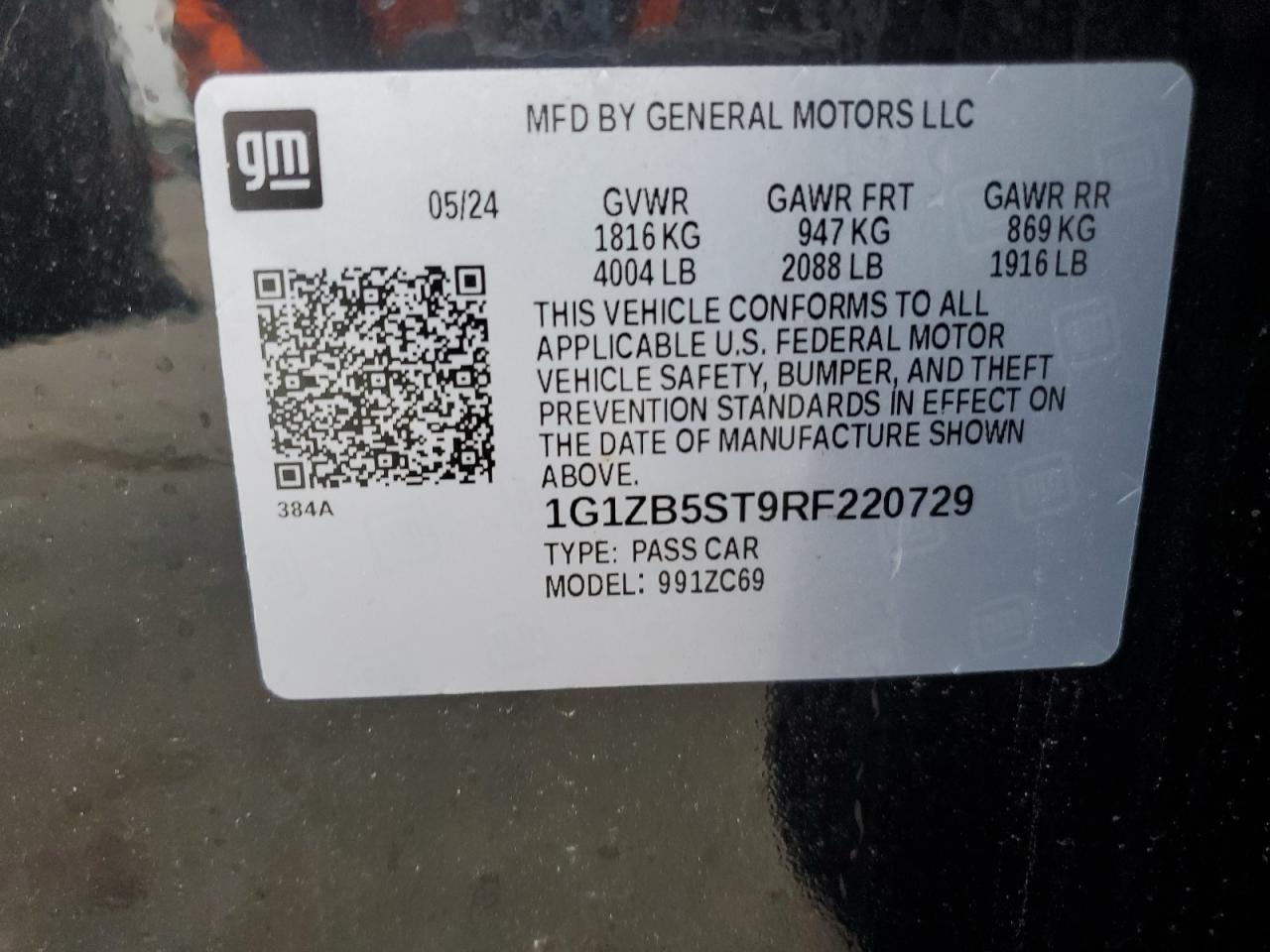 2024 CHEVROLET MALIBU LS VIN:1G1ZB5ST9RF220729