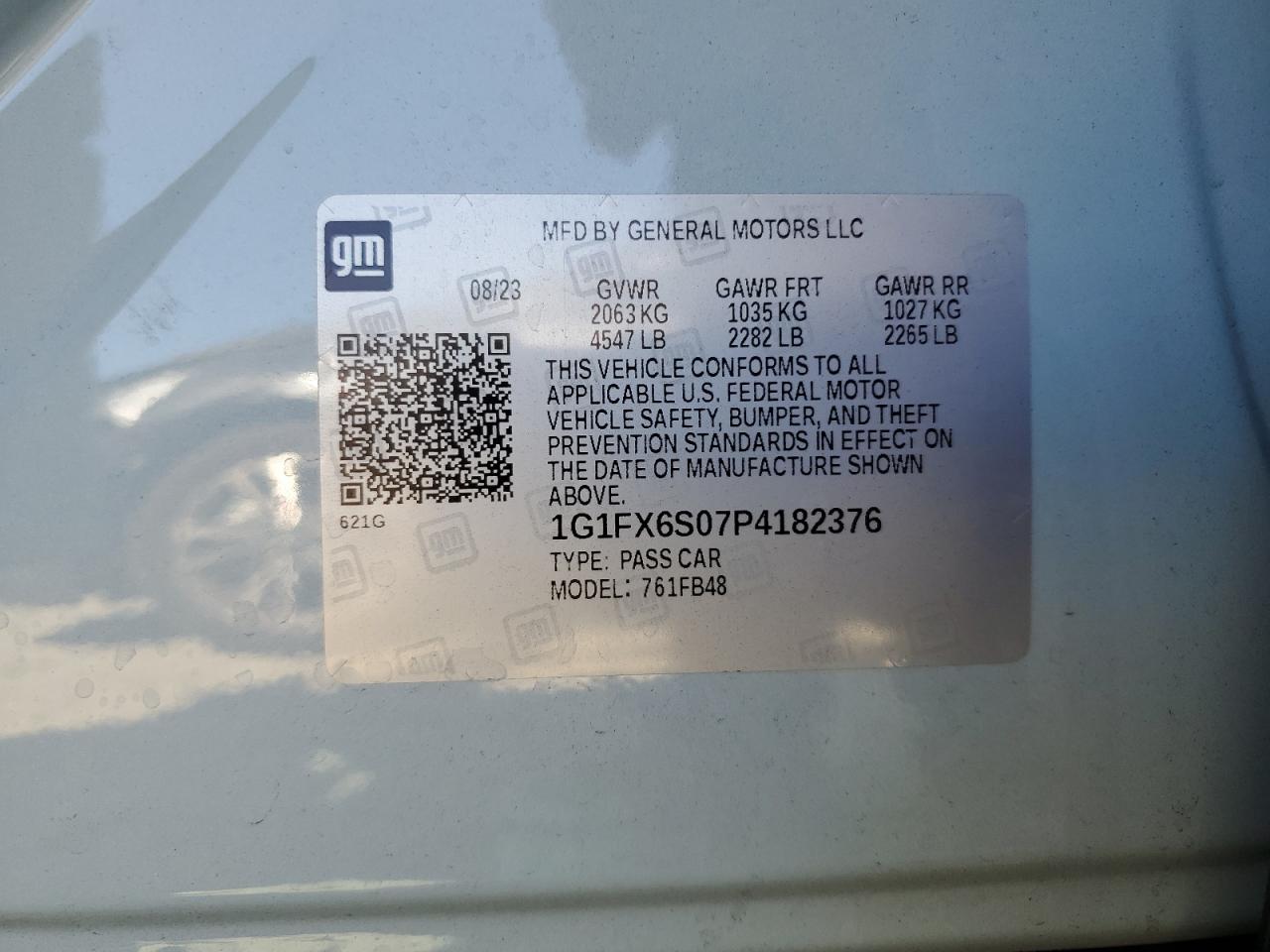 2023 CHEVROLET BOLT EV 2LT VIN:1G1FX6S07P4182376