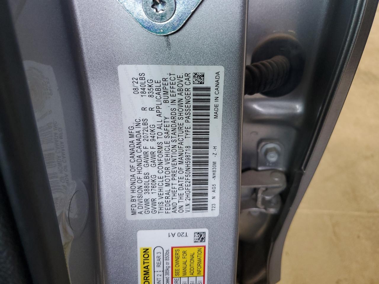 2022 HONDA CIVIC SPORT VIN:2HGFE2F50NH598718