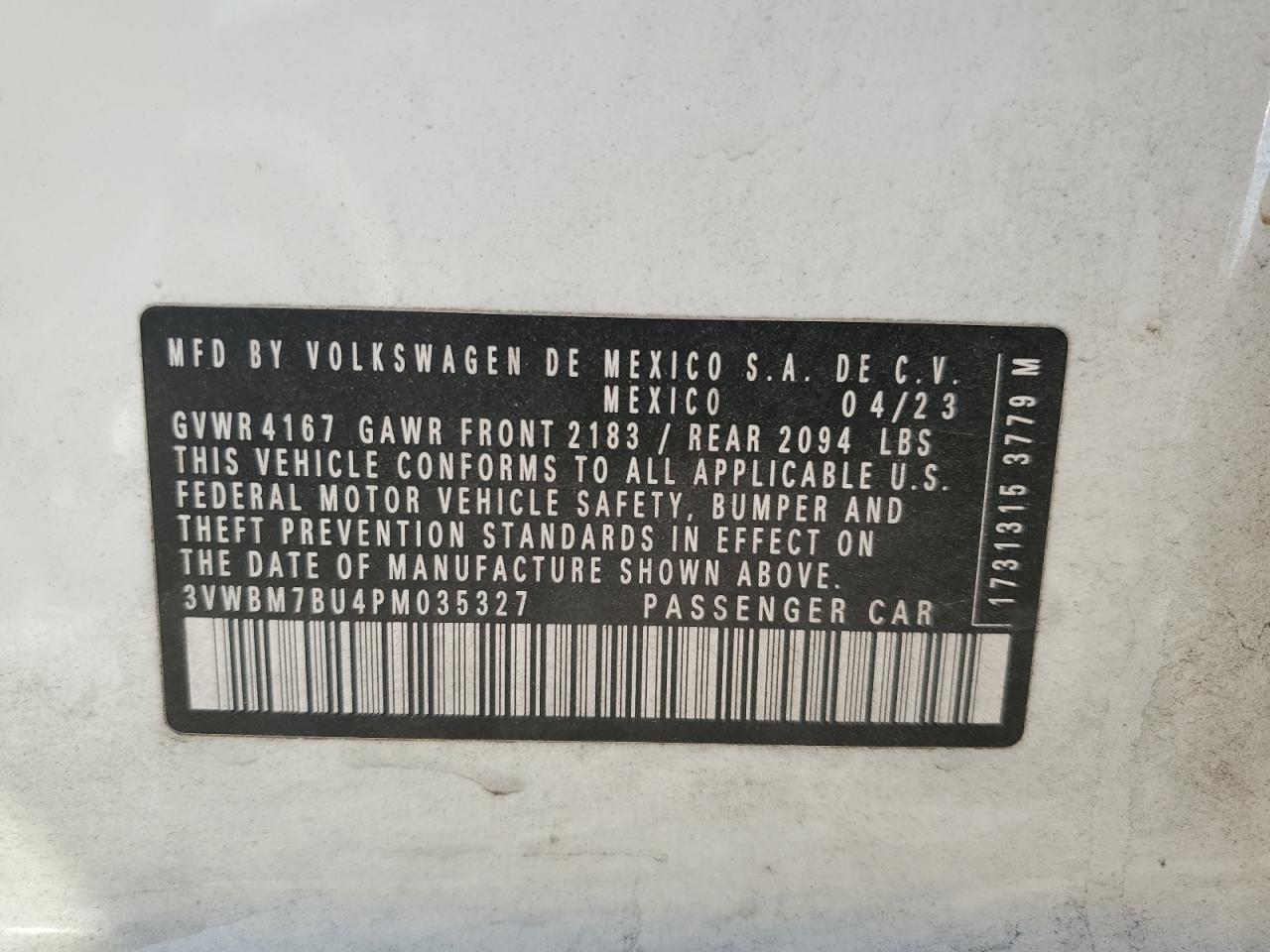 2023 VOLKSWAGEN JETTA SPORT VIN:3VWBM7BU4PM035327