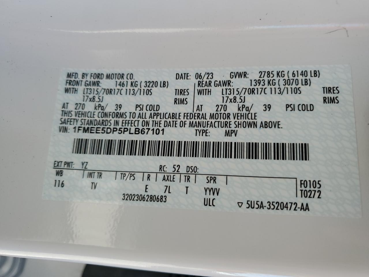 2023 FORD BRONCO BASE VIN:1FMEE5DP5PLB67101