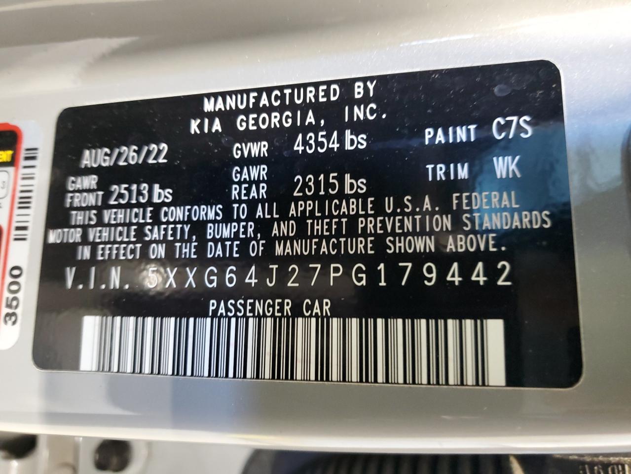 2023 KIA K5 GT LINE VIN:5XXG64J27PG179442