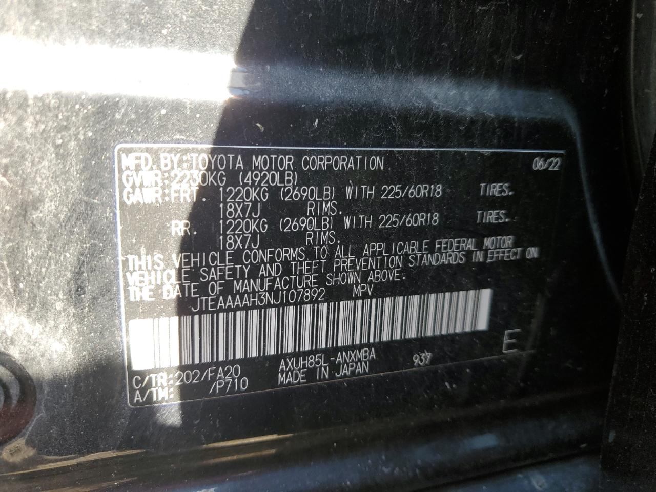 2022 TOYOTA VENZA LE VIN:JTEAAAAH3NJ107892