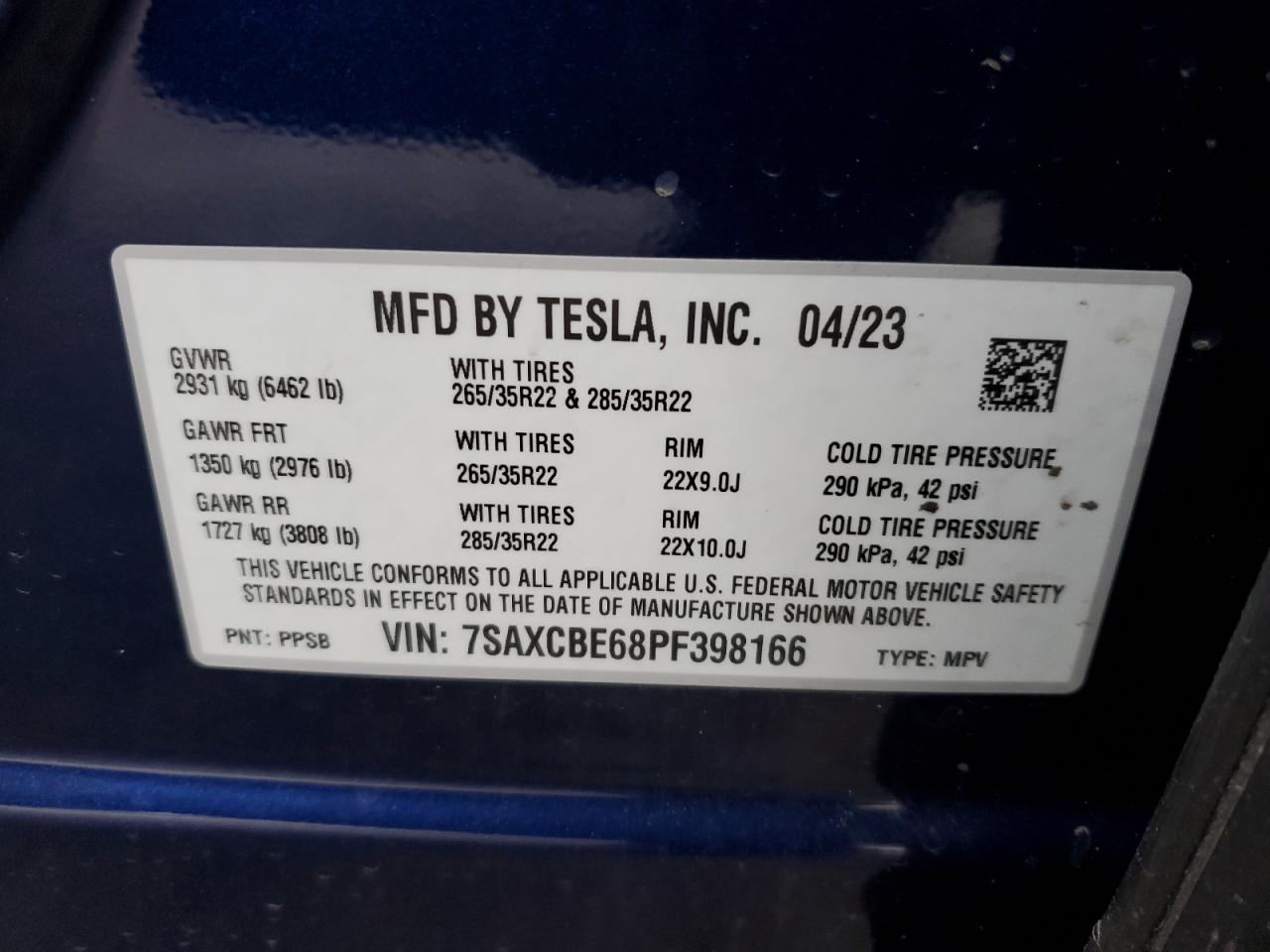 2023 TESLA MODEL X  VIN:3KPF24AD0PE675104