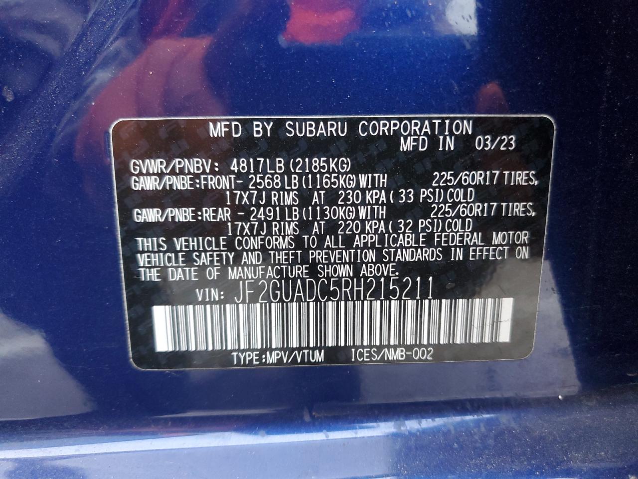 2024 SUBARU CROSSTREK PREMIUM VIN:JF2GUADC5RH215211