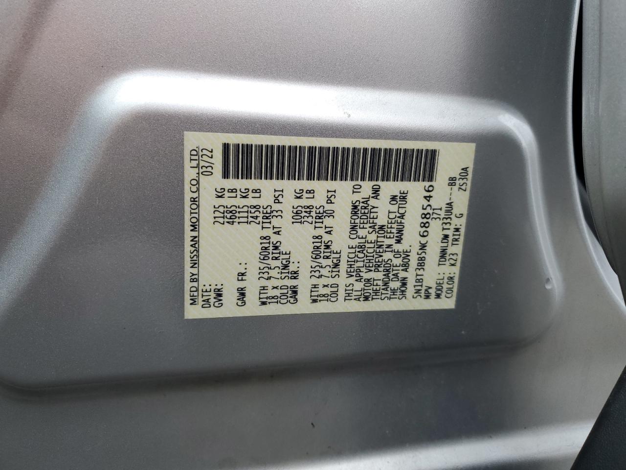 2022 NISSAN ROGUE SV VIN:5N1BT3BB5NC688546