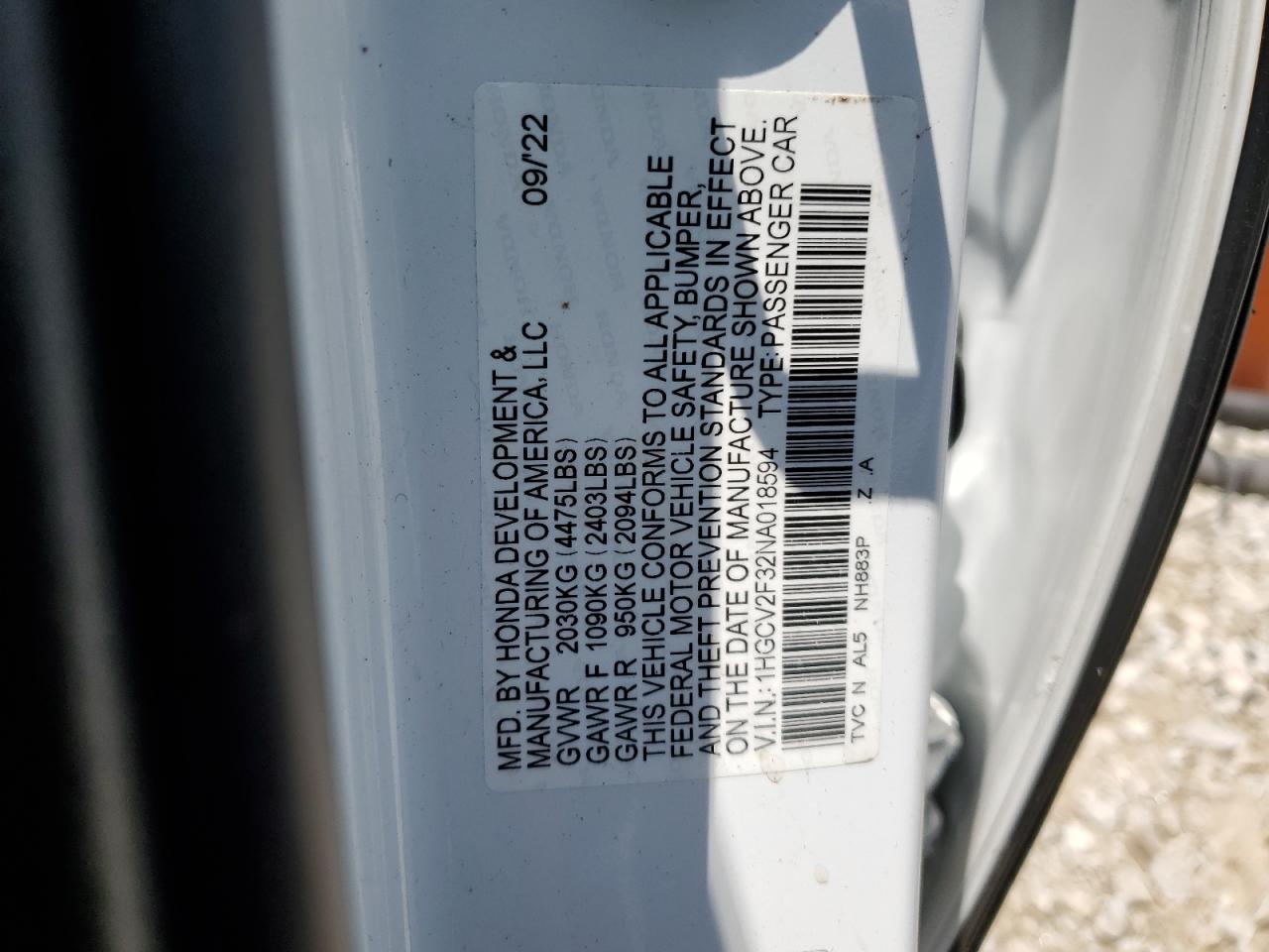 2022 HONDA ACCORD SPORT VIN:1HGCV2F32NA018594