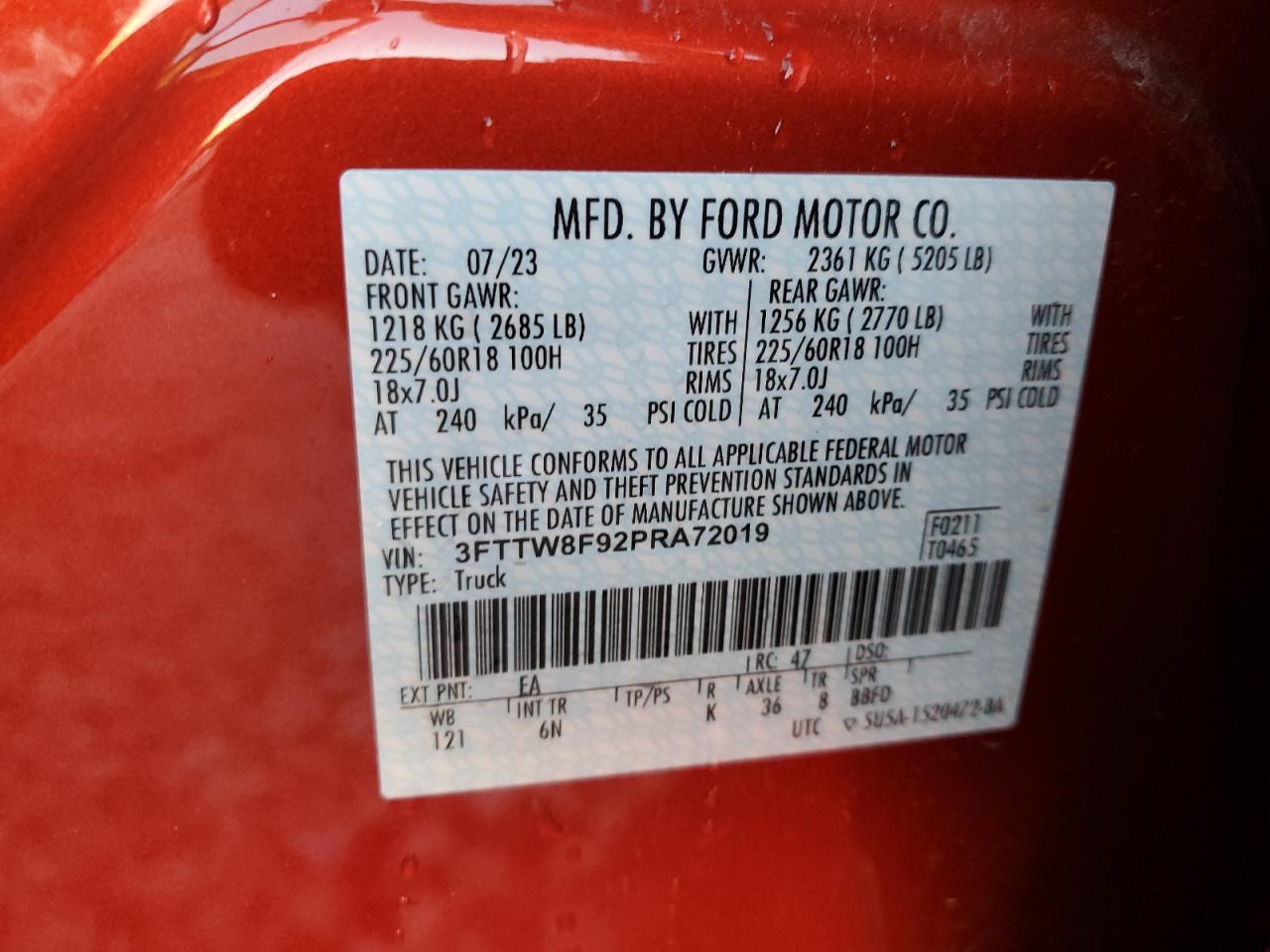 2023 FORD MAVERICK XL VIN:3FTTW8F92PRA72019