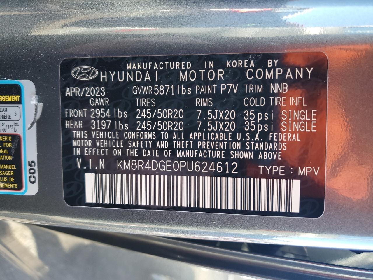 2023 HYUNDAI PALISADE SEL PREMIUM VIN:KM8R4DGE0PU624612