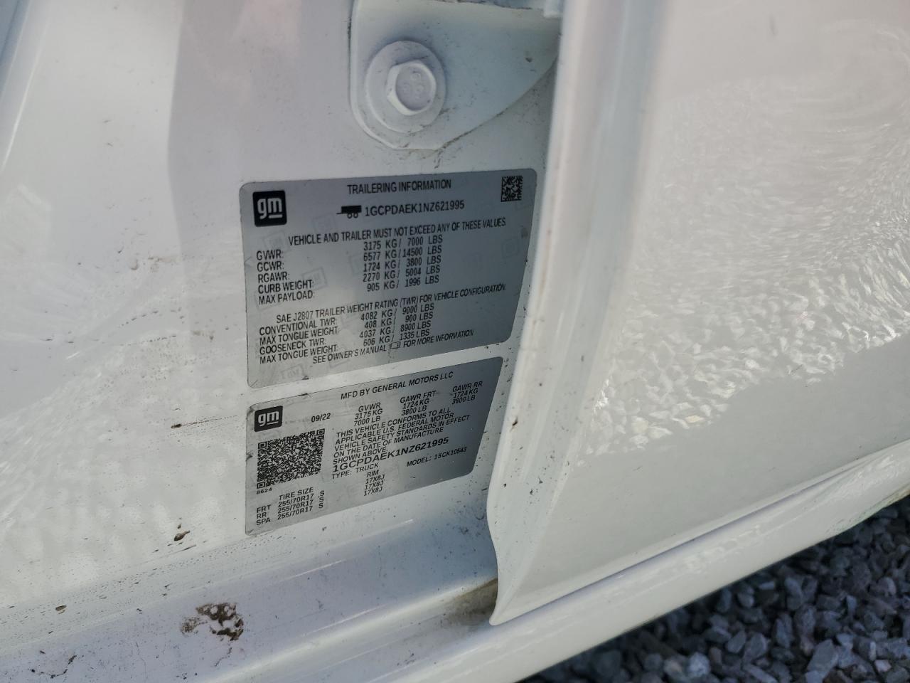 2022 CHEVROLET SILVERADO K1500 VIN:1GCPDAEK1NZ621995