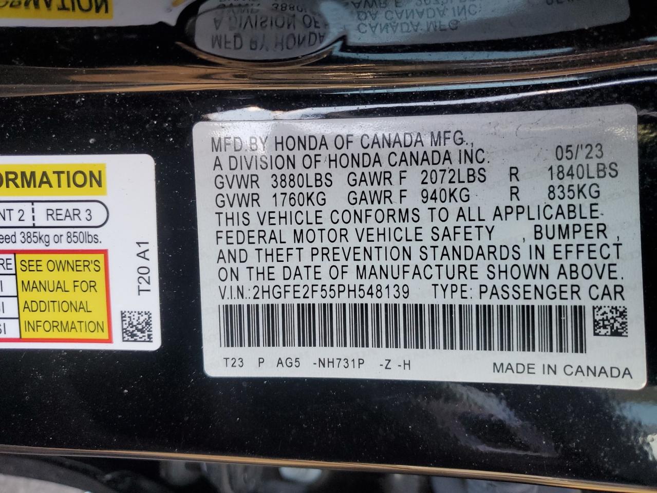 2023 HONDA CIVIC SPORT VIN:2HGFE2F55PH548139