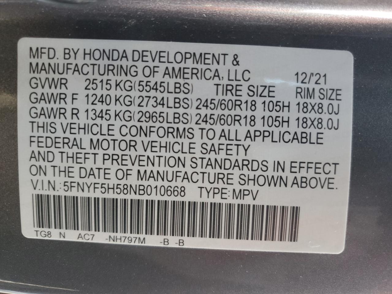 2022 HONDA PILOT EXL VIN:5FNYF5H58NB010668