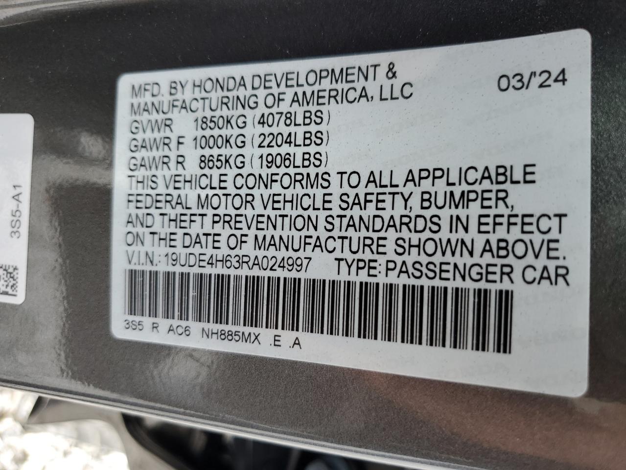 2024 ACURA INTEGRA A-SPEC TECH VIN:19UDE4H63RA024997