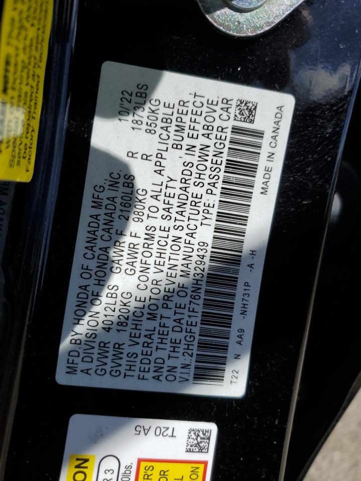 2022 HONDA CIVIC EX VIN:2HGFE1F76NH329439