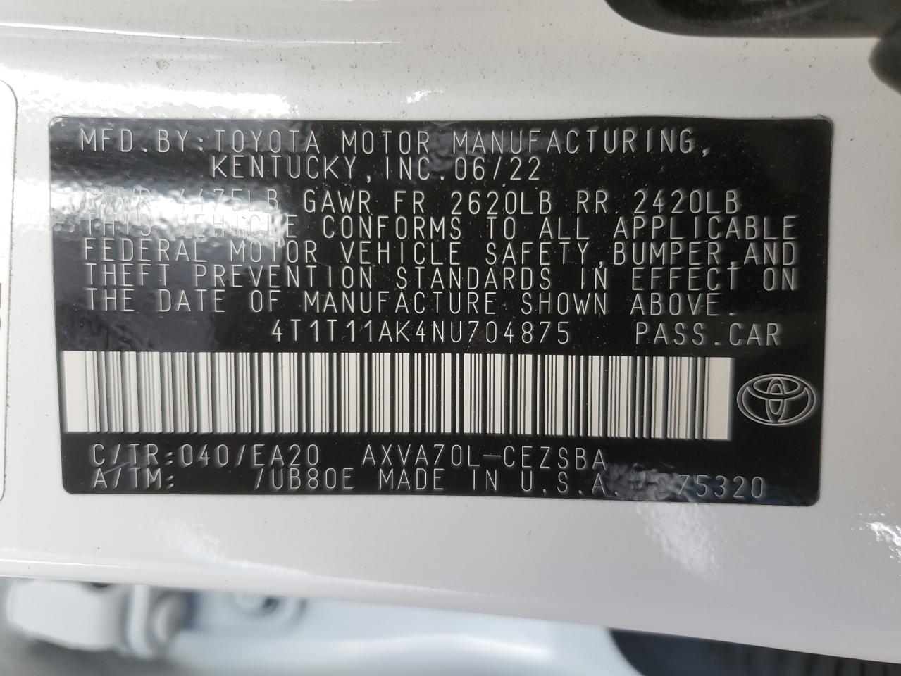 2022 TOYOTA CAMRY SE VIN:4T1T11AK4NU704875