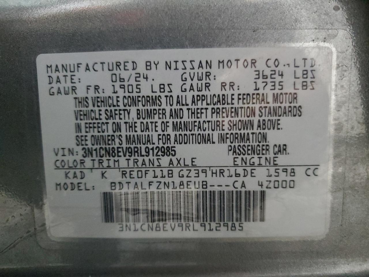 2024 NISSAN VERSA SV VIN:3N1CN8EV9RL912985