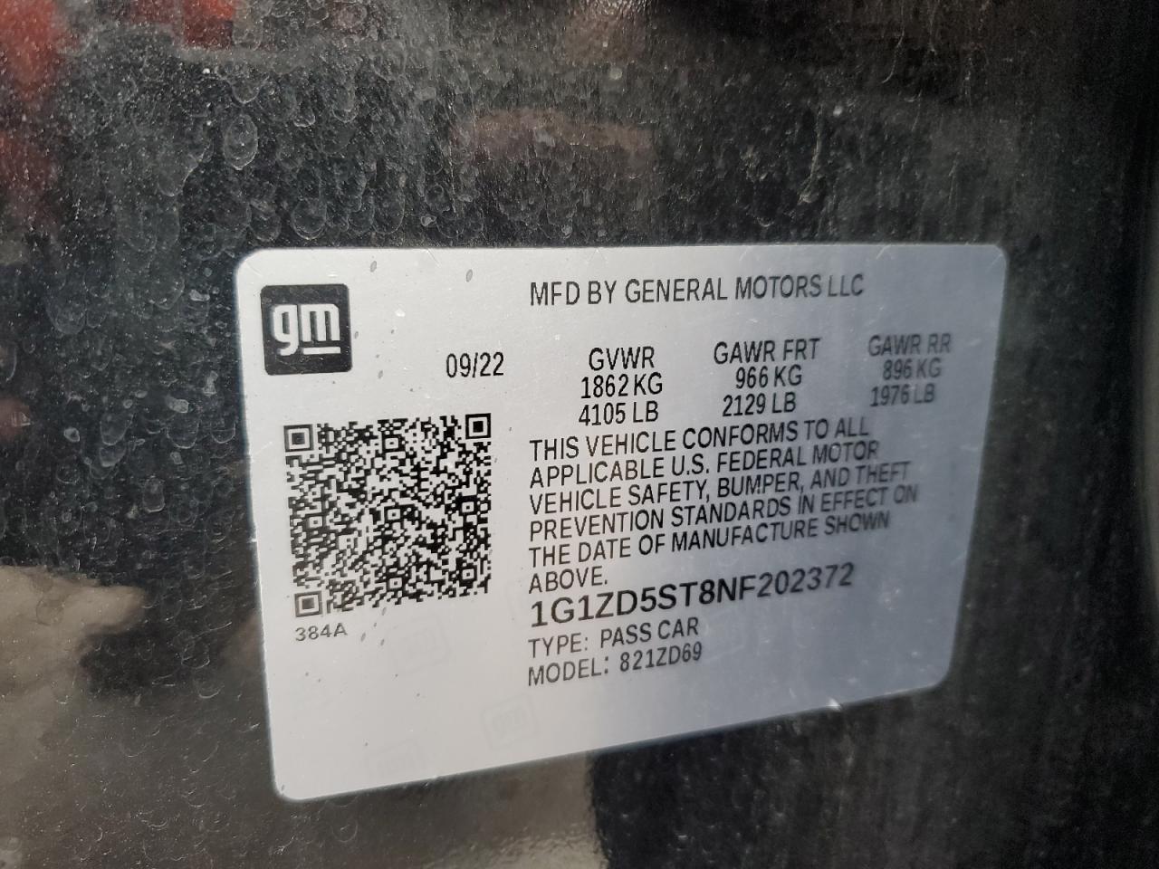 2022 CHEVROLET MALIBU LT VIN:1G1ZD5ST8NF202372