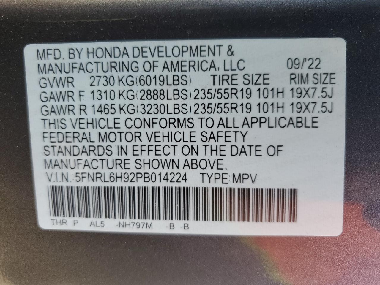 2023 HONDA ODYSSEY ELITE VIN:5FNRL6H92PB014224
