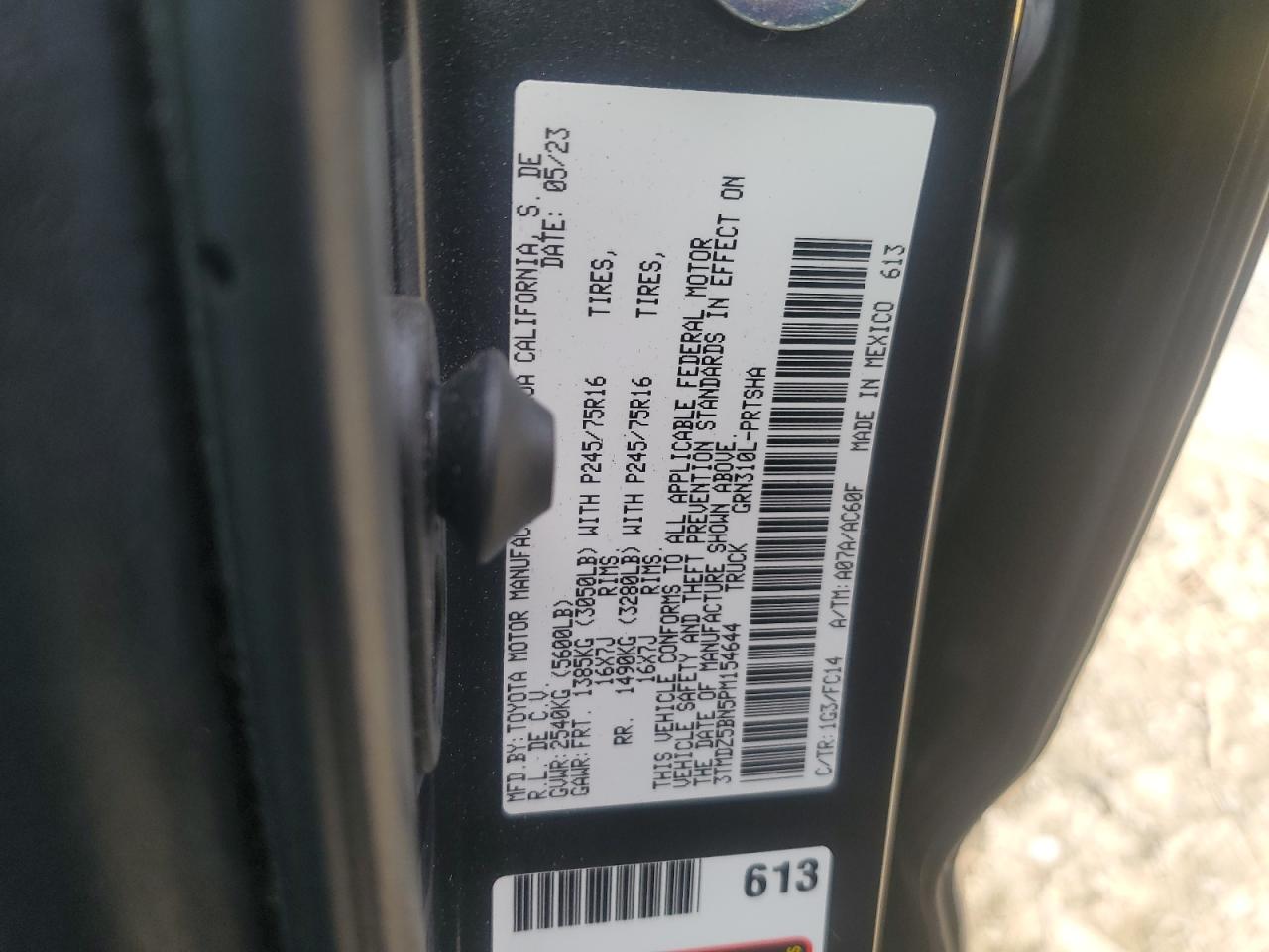 2023 TOYOTA TACOMA DOUBLE CAB VIN:3TMDZ5BN5PM154644