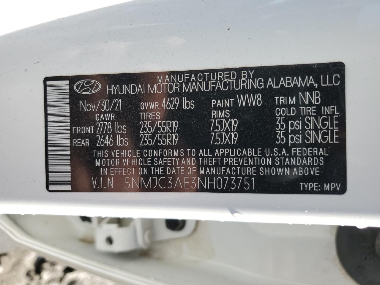 2022 HYUNDAI TUCSON SEL VIN:5NMJC3AE3NH073751