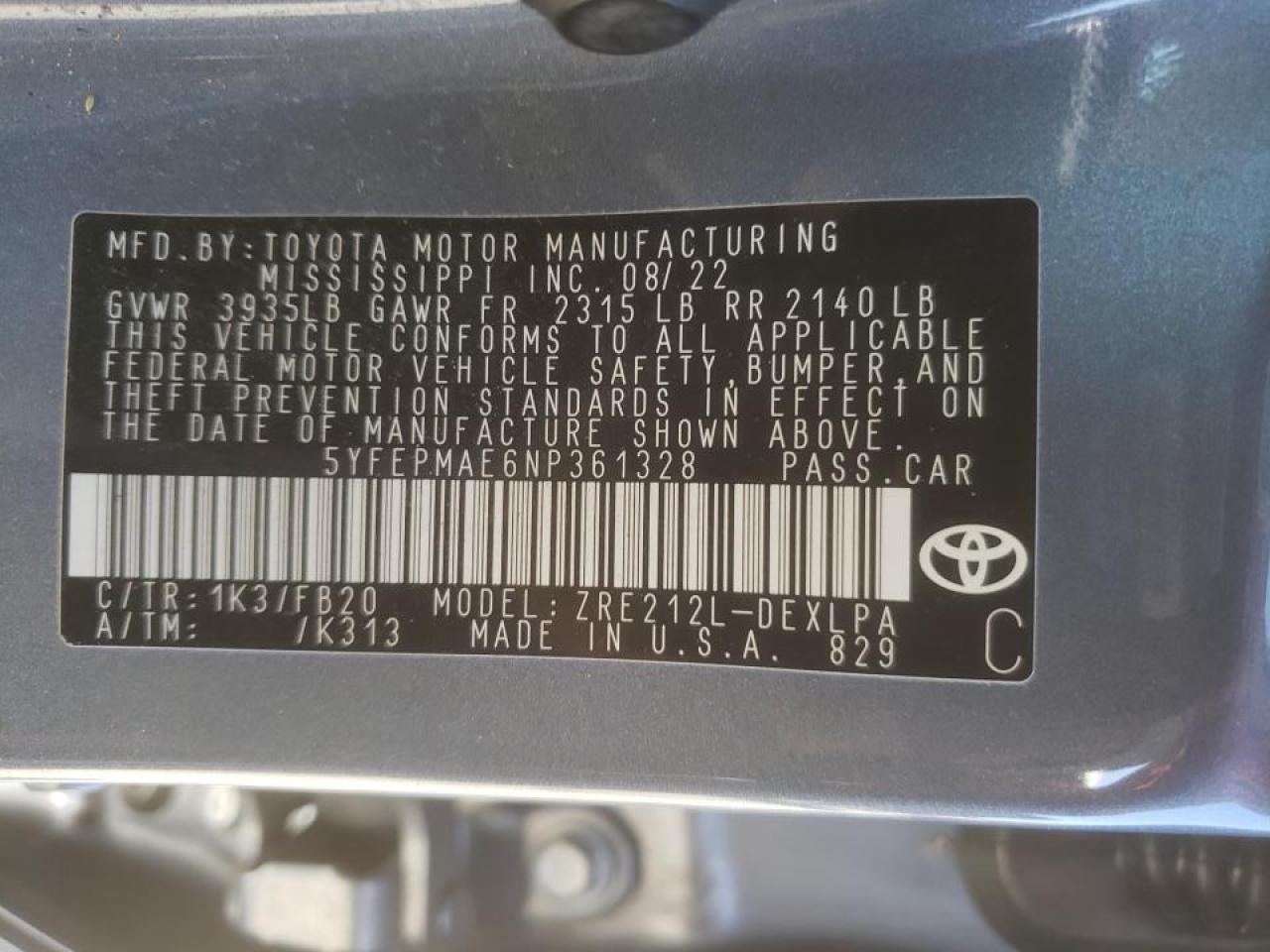 2022 TOYOTA COROLLA LE VIN:5YFEPMAE6NP361328