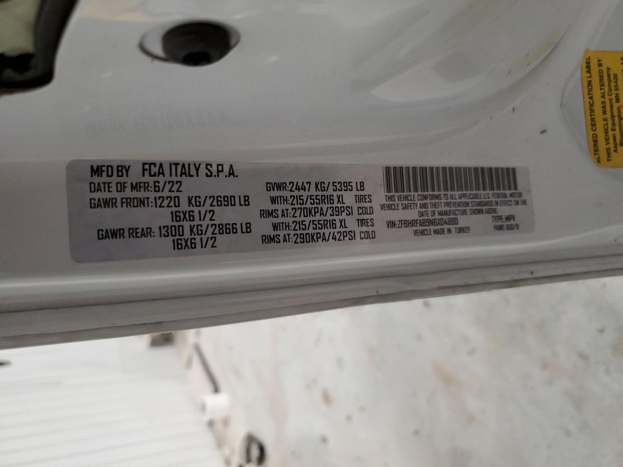 2022 RAM PROMASTER CITY TRADESMAN VIN:ZFBHRFAB9N6X04880