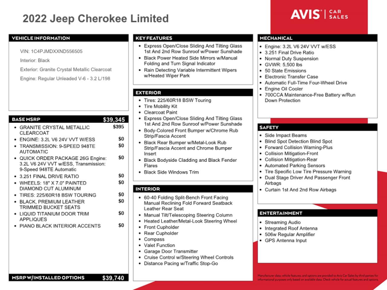 2022 JEEP CHEROKEE LIMITED VIN:1C4PJMDXXND556505