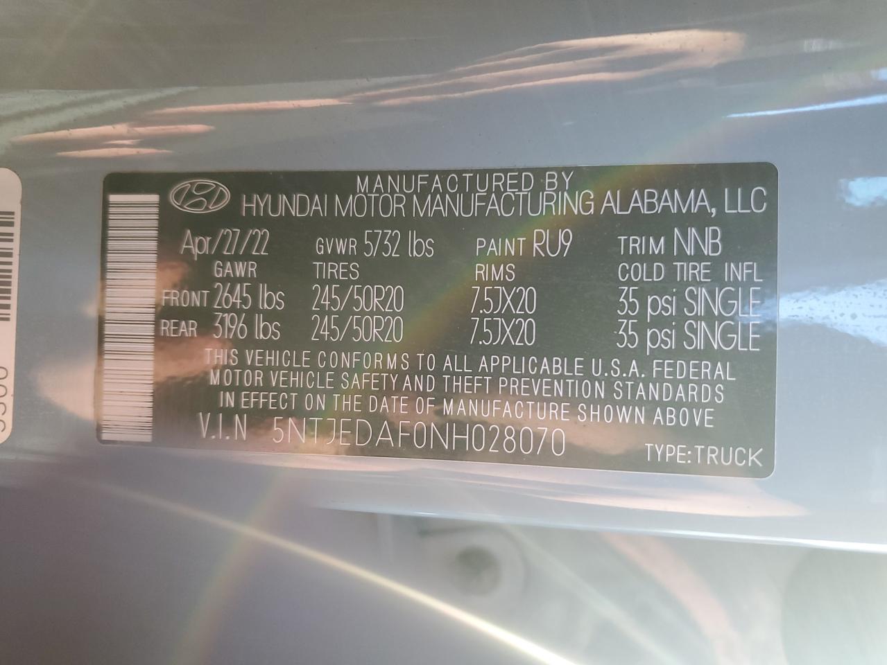 2022 HYUNDAI SANTA CRUZ LIMITED VIN:5NTJEDAF0NH028070