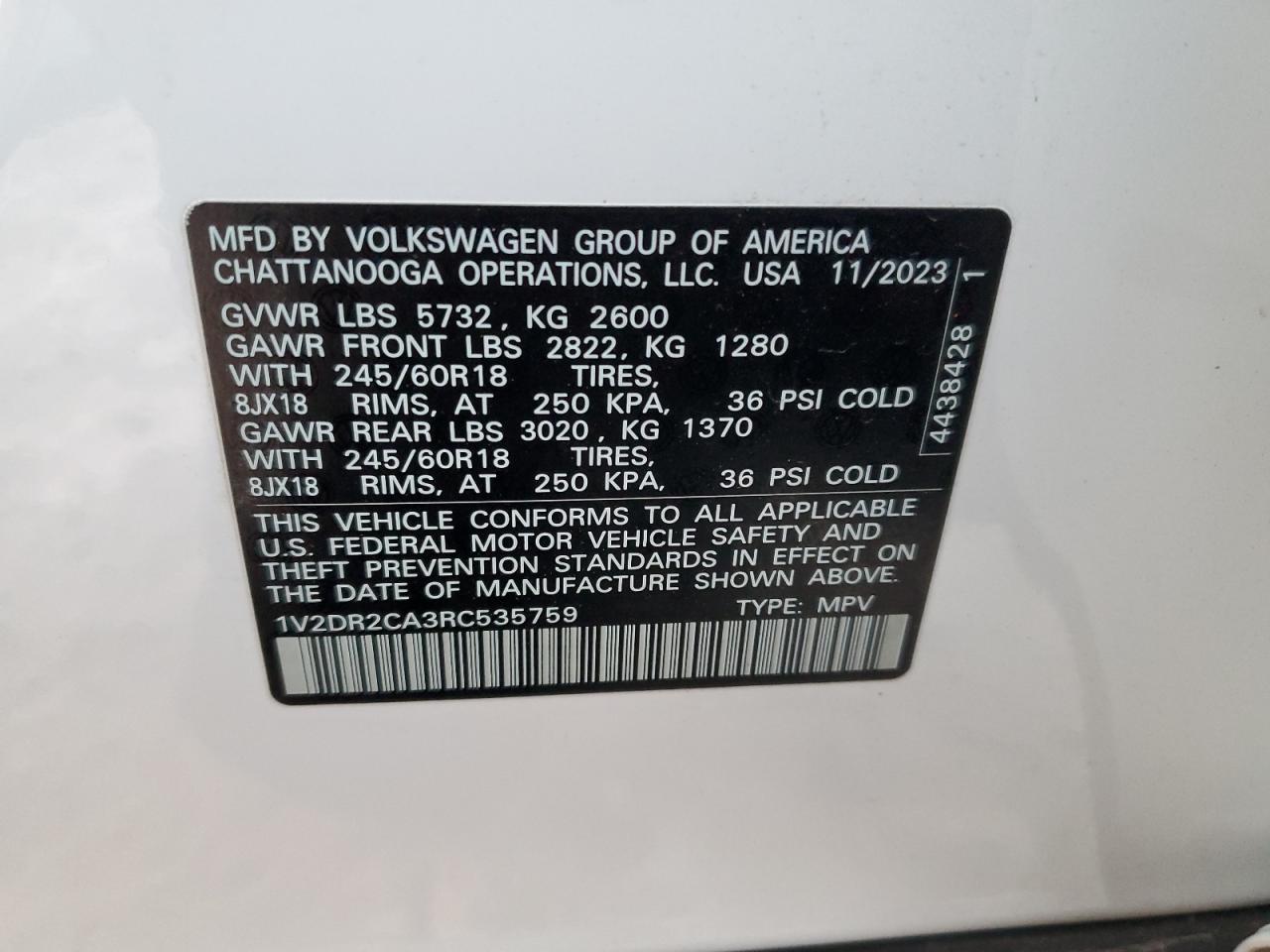 2024 VOLKSWAGEN ATLAS SE VIN:1V2DR2CA3RC535759