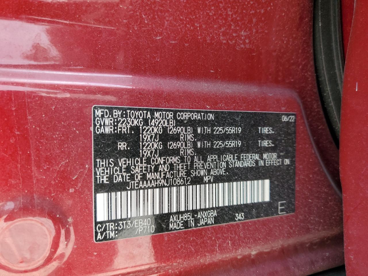 2022 TOYOTA VENZA LE VIN:JTEAAAAH9NJ108612