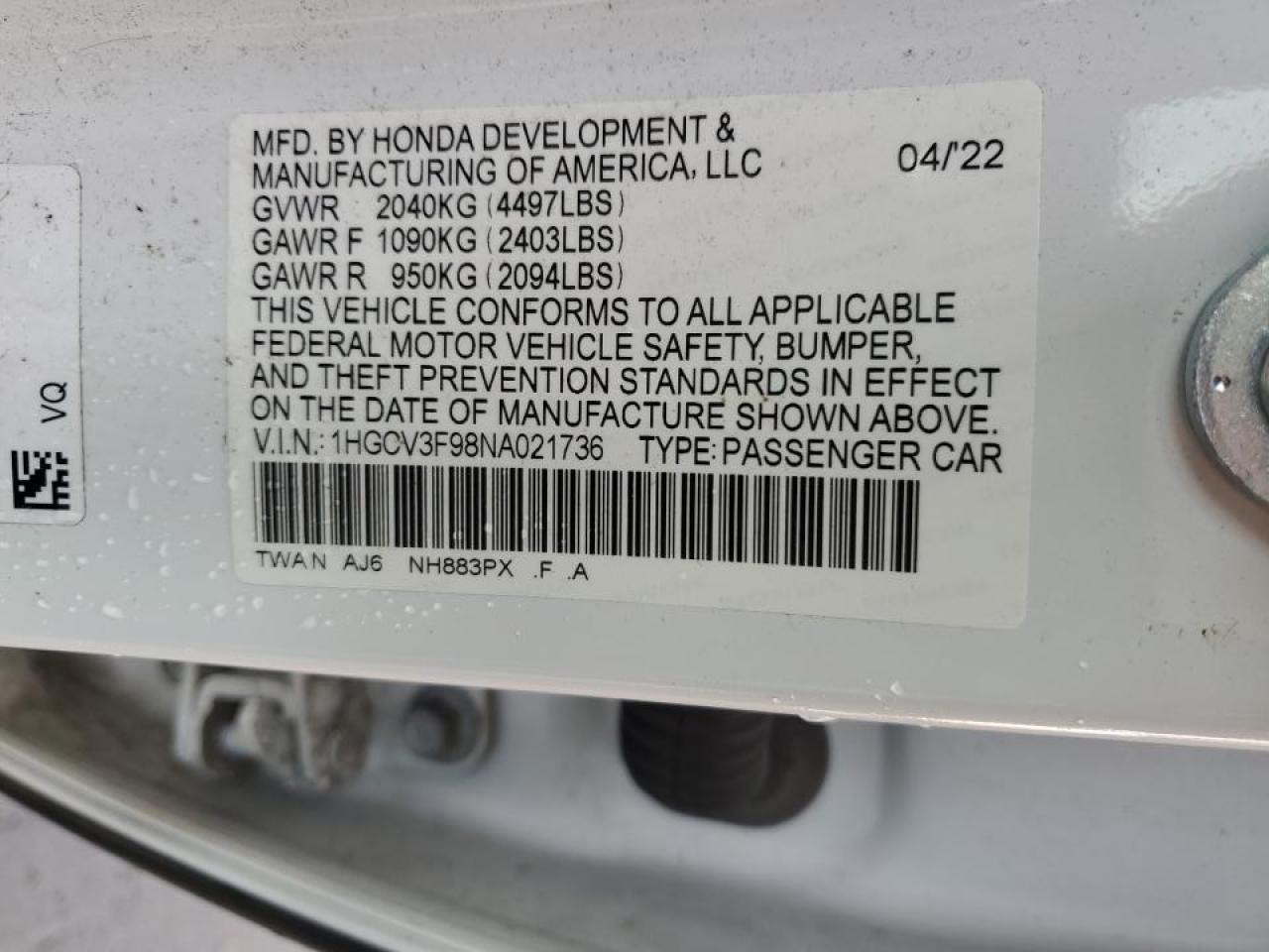 2022 HONDA ACCORD TOURING HYBRID VIN:1HGCV3F98NA021736