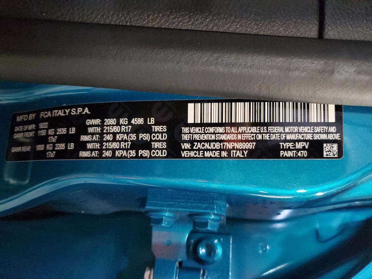2022 JEEP RENEGADE LATITUDE VIN:ZACNJDB17NPN89997