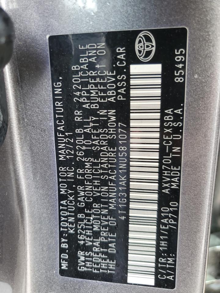 2022 TOYOTA CAMRY NIGHT SHADE VIN:4T1G31AK1NU581077